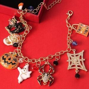 HALLOWEEN SALE Gold Crystal Pumpkin Cat Ghost Spider Charm Bracelet